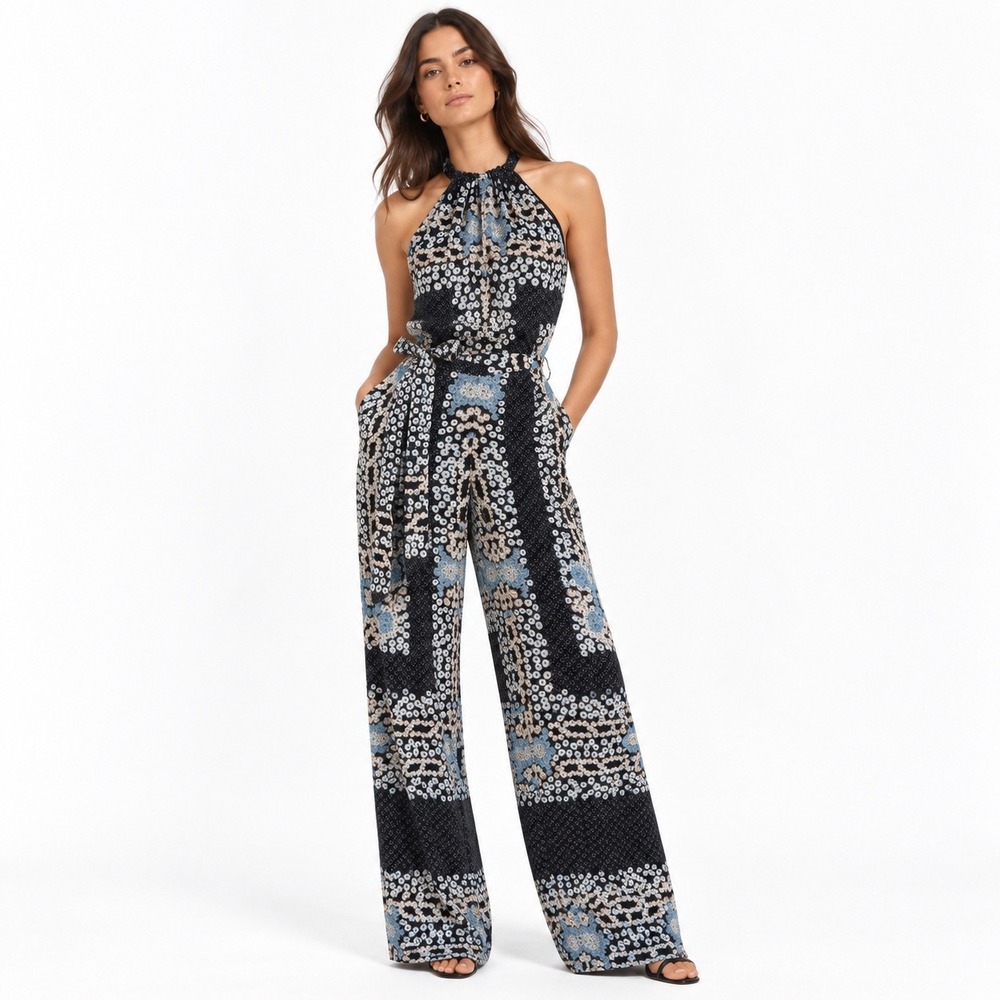 Reiss Cassis Printed Halter Jumpsuit Womens 4 Blue Floral Wide Leg Boho NWT